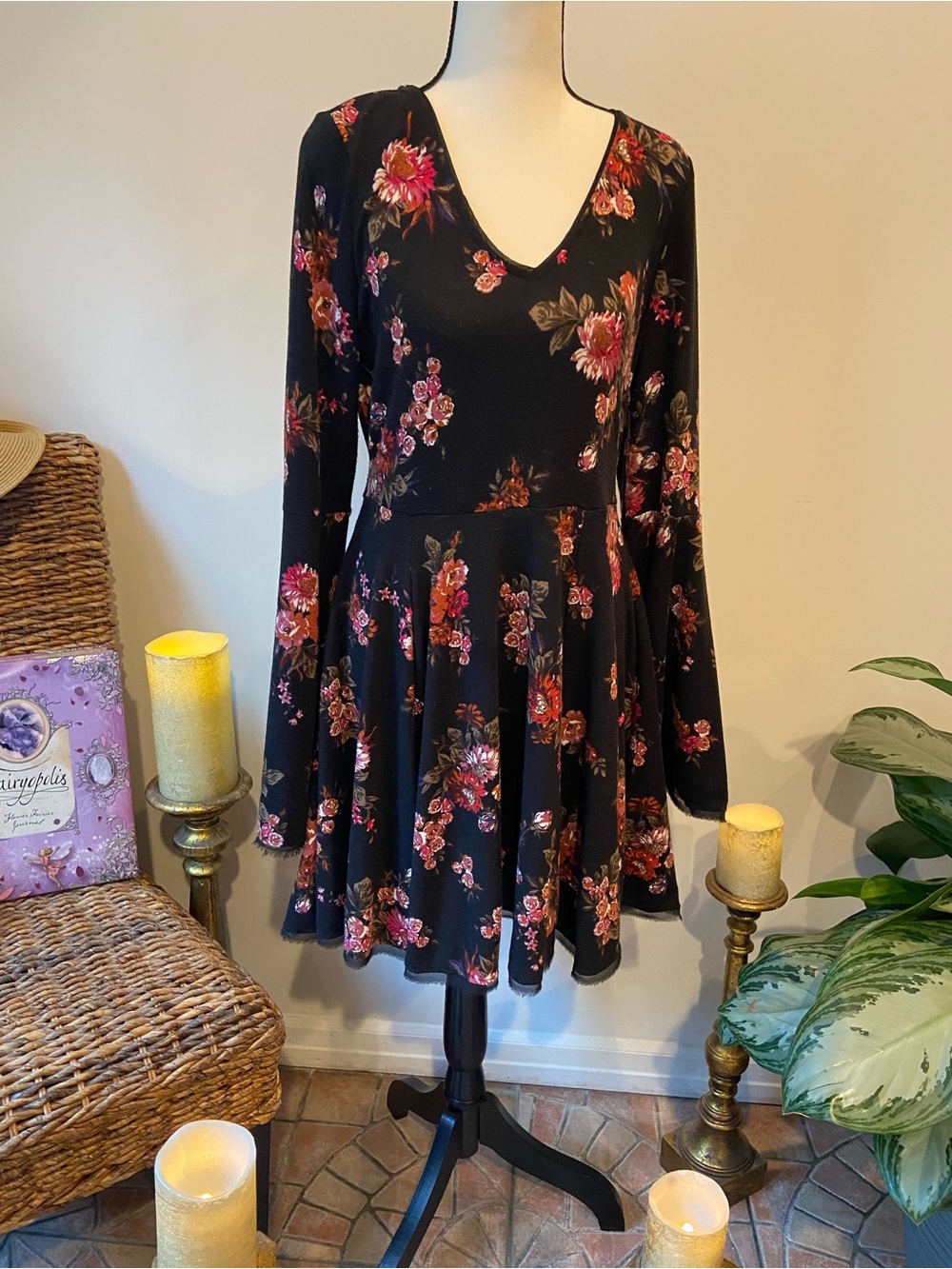 American Rag Black Long Sleeve Floral Swing Dress with Pink Blooms